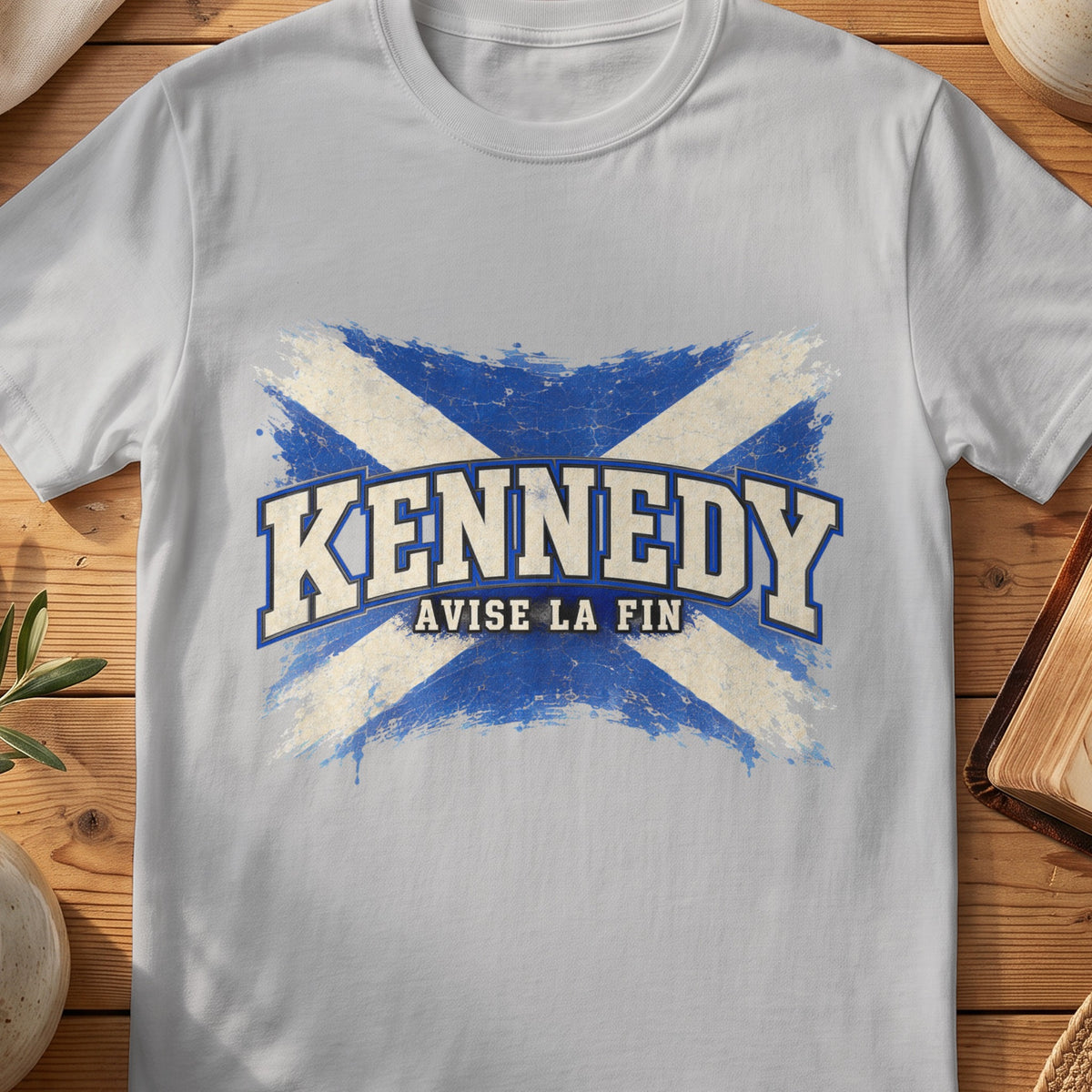 Kennedy Scottish Saltire T-shirt in Sport Grey, with distressed blue and cream flag and “Avise La Fin” lettering.