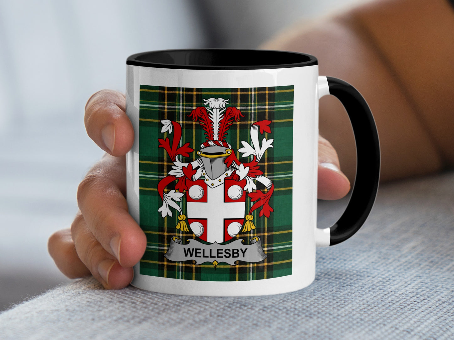 Mug featuring the Wellesby family crest on a tartan background.