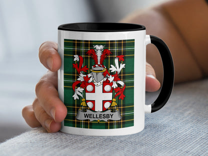 Mug featuring the Wellesby family crest on a tartan background.