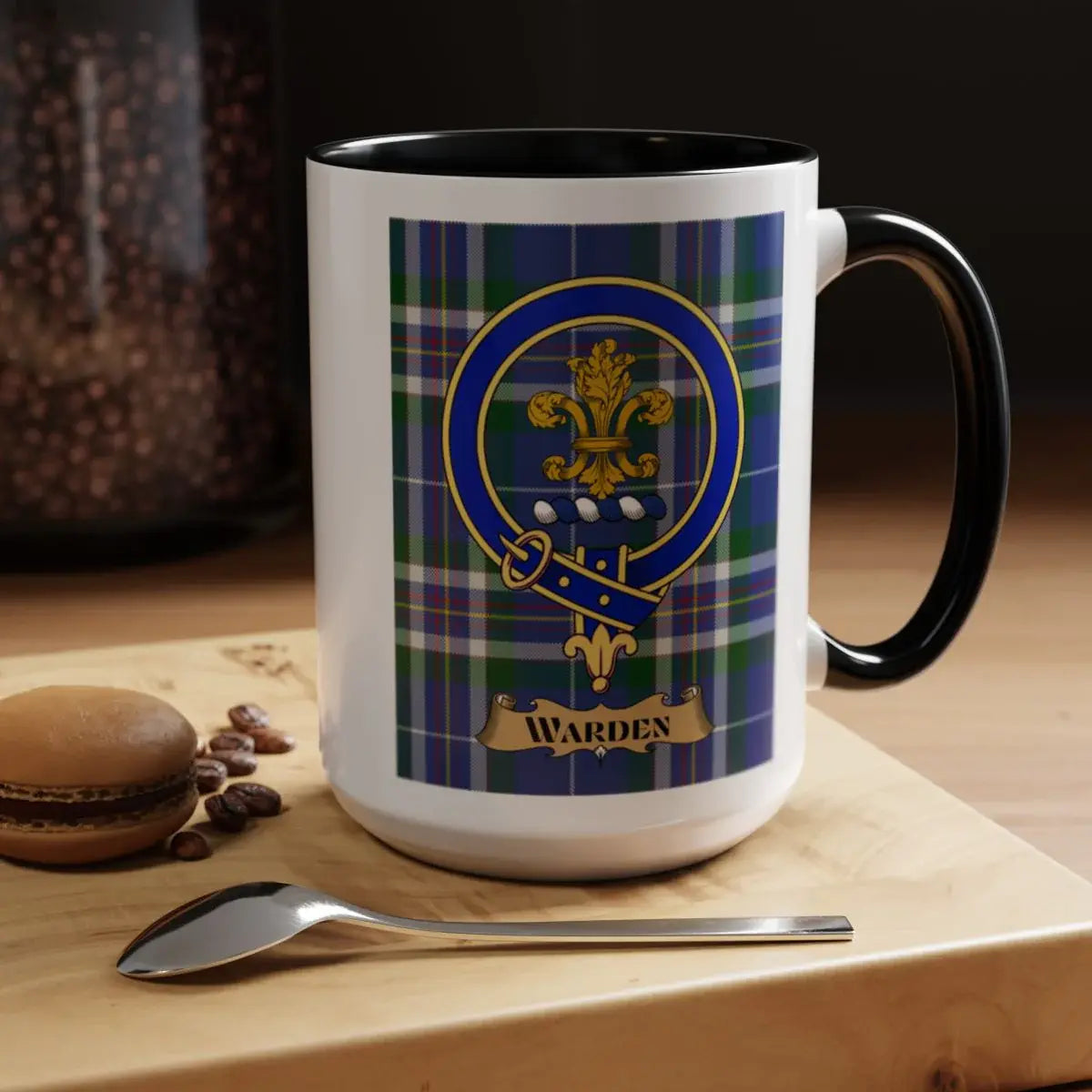 Close-up of the Warden clan crest printed on a ceramic mug