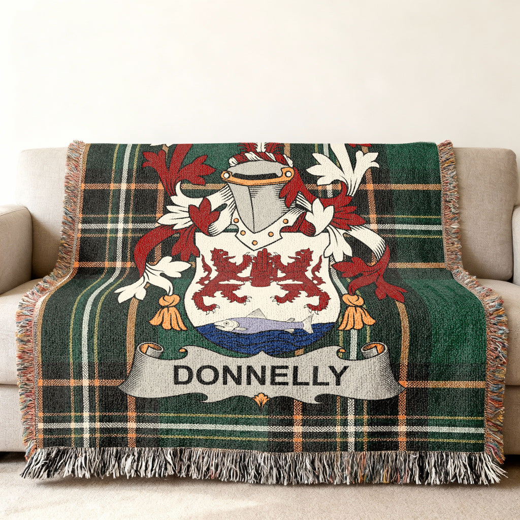 Donnelly surname cotton woven throw with Irish tartan-style background