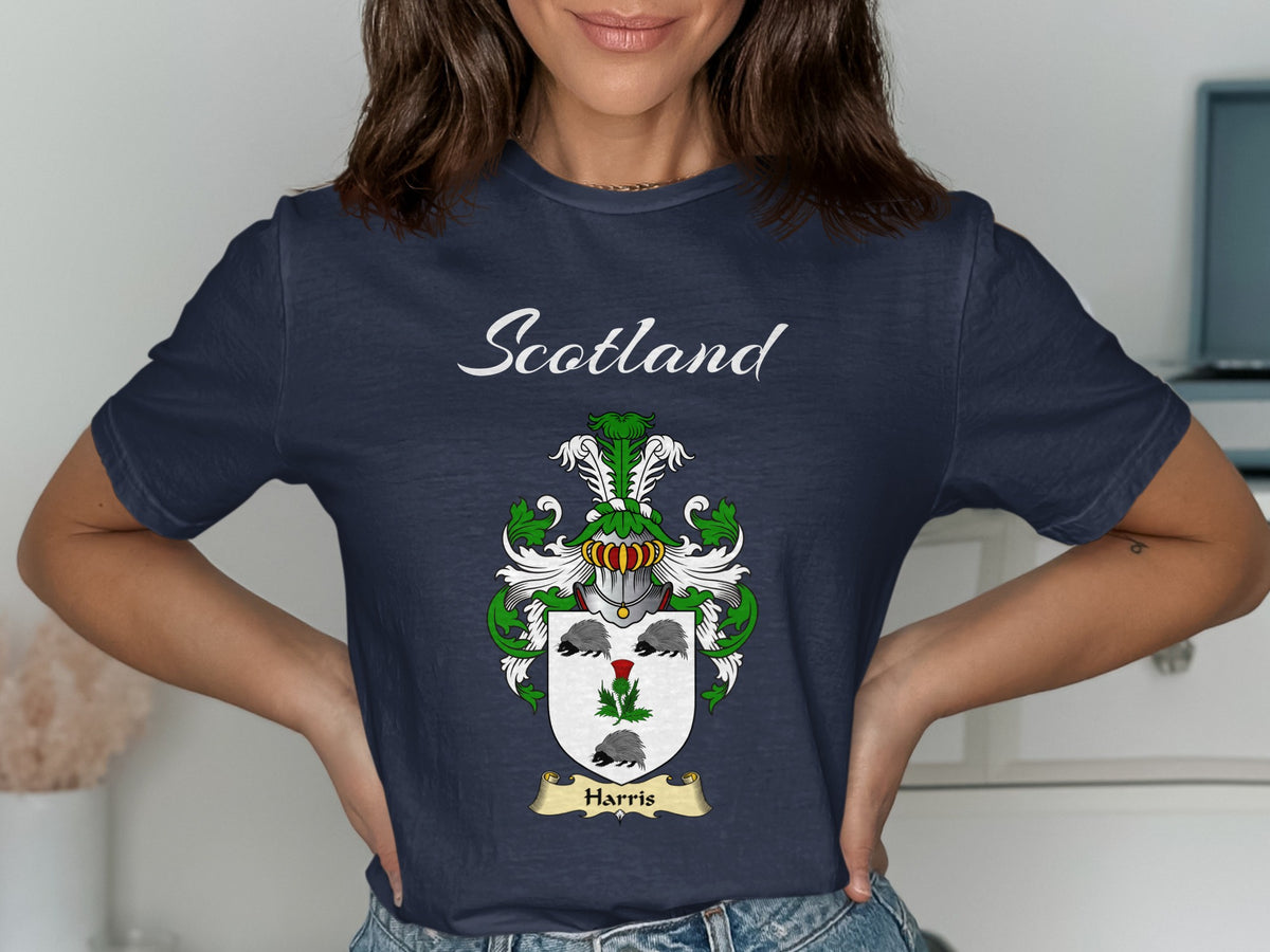 Harris Scottish family shield design on Navy T-shirt