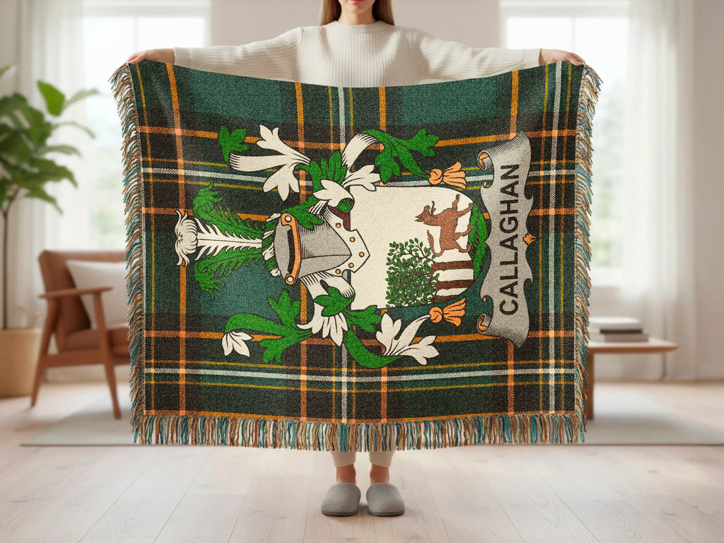 Callaghan Crest Plaid Green Orange Black Fringe Throw product type