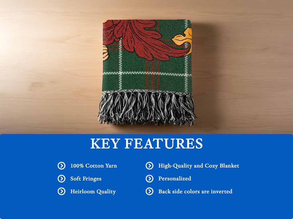 Green plaid throw blanket with fringe, featuring key features on the right.