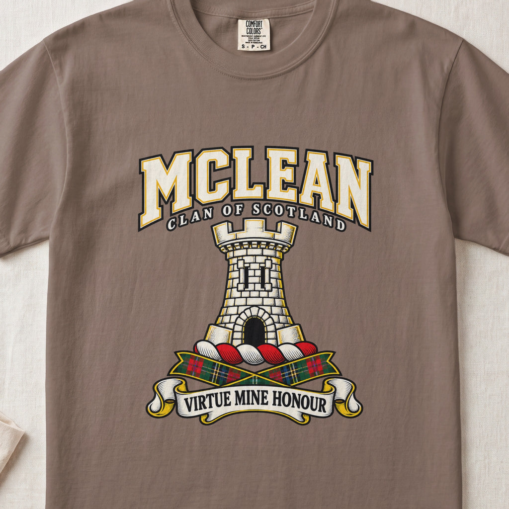 McLean graphic T-shirt in Espresso brown, front flat lay showing varsity lettering and white stone tower with battlements and arched doorway.