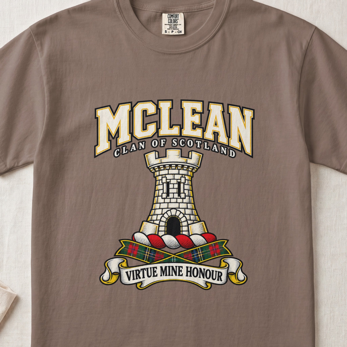 McLean graphic T-shirt in Espresso brown, front flat lay showing varsity lettering and white stone tower with battlements and arched doorway.