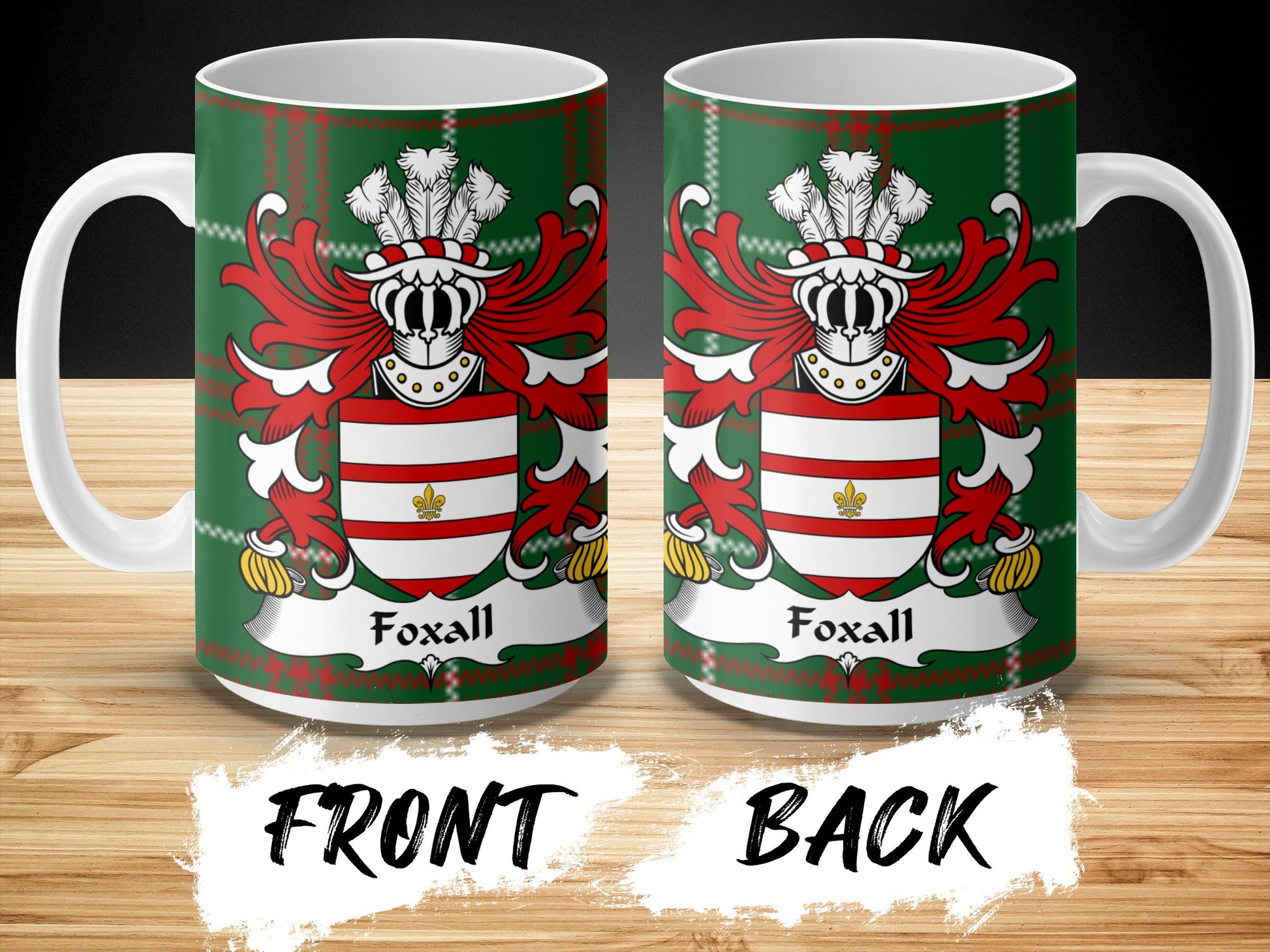 Foxall Family Crest on Welsh National Tartan Background Mug - Living Stone Gifts