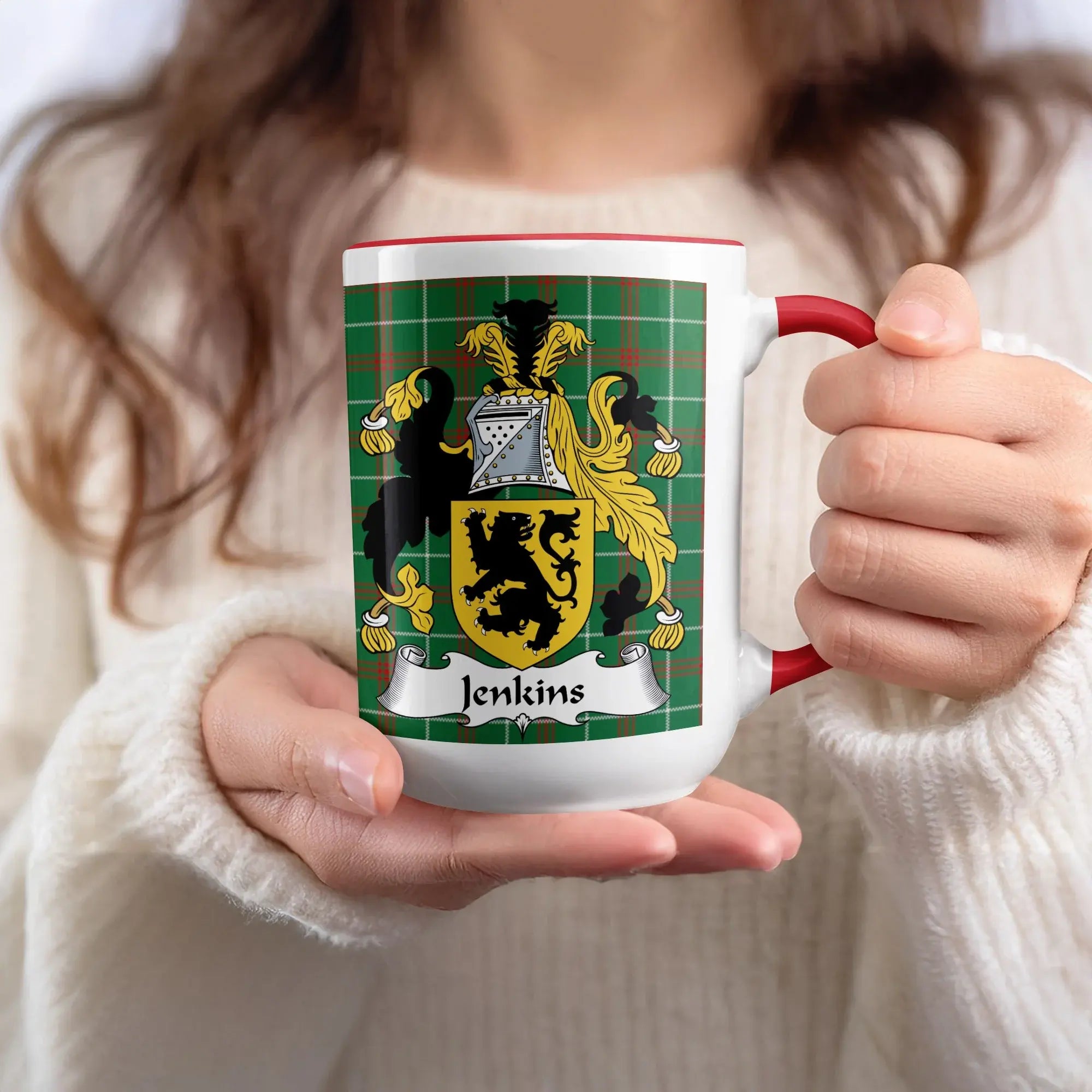 Jenkins Welsh family name mug with red accent and coat of arms on tartan background