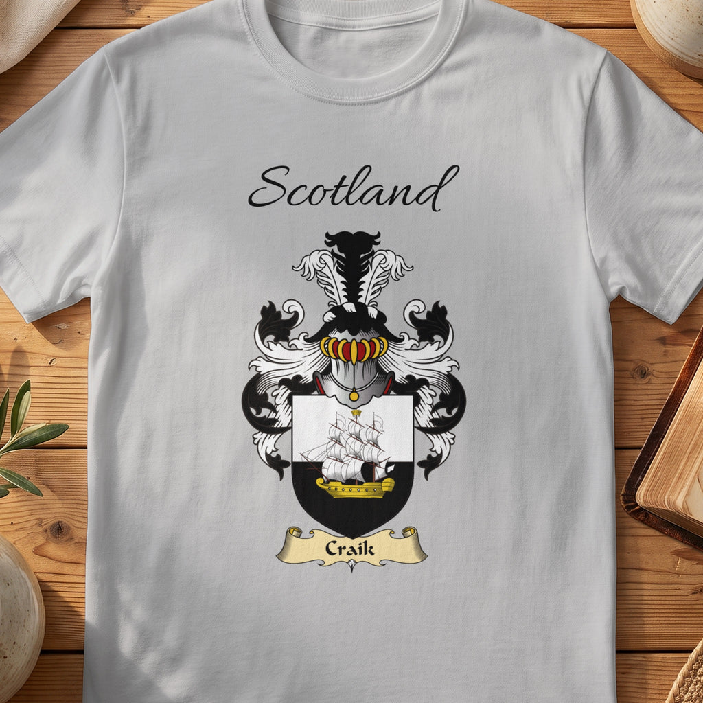 Sport Grey Craik Scottish family shield T-shirt featuring a sailing ship on a black-and-white shield