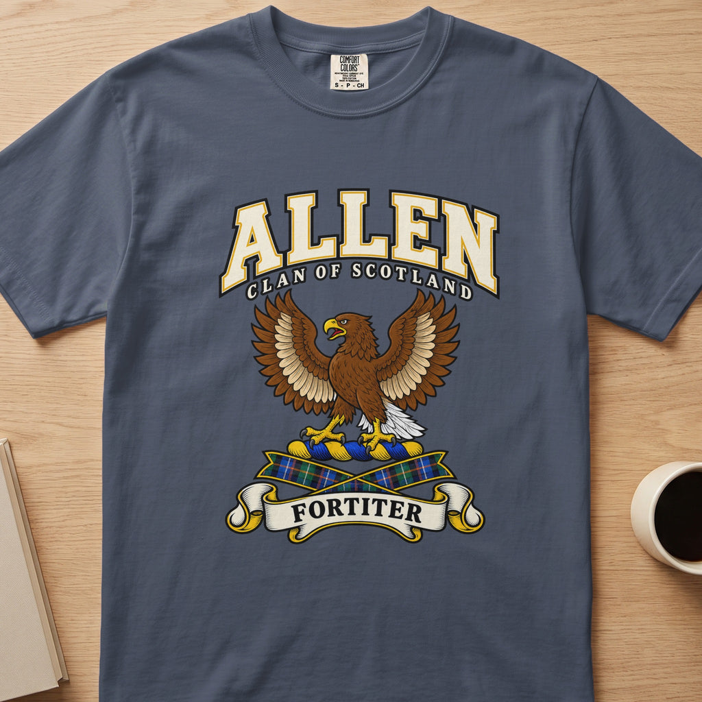 Allen clan T-shirt in slate blue, front view with brown eagle with spread wings