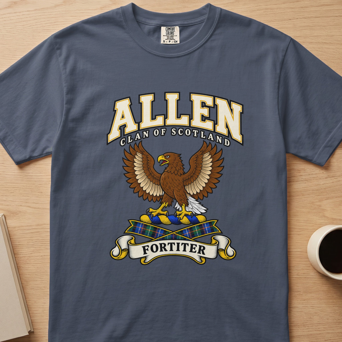 Allen clan T-shirt in slate blue, front view with brown eagle with spread wings