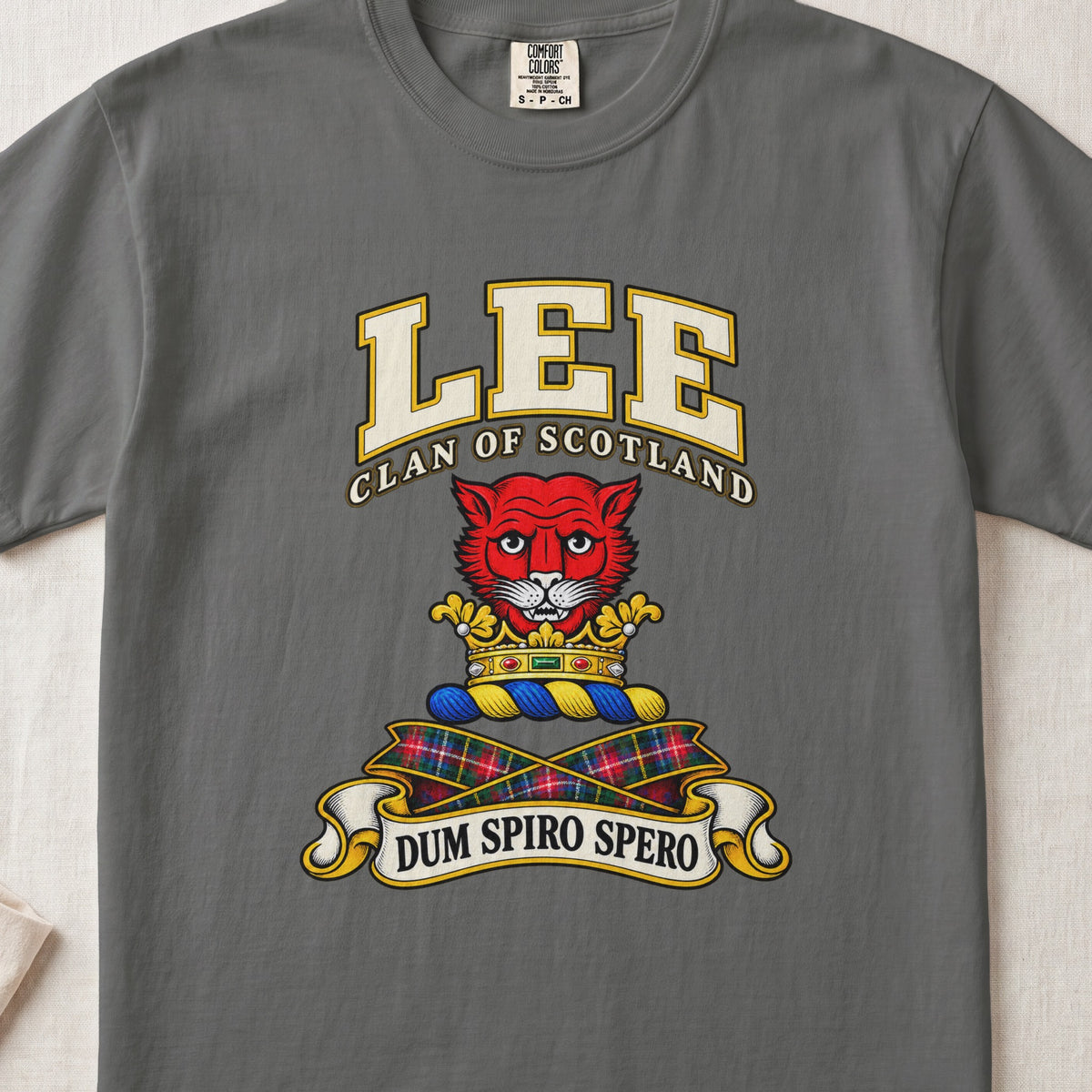 Lee Scottish clan T-shirt in Pepper, front view with a red cat head above a gold crown and motto banner.