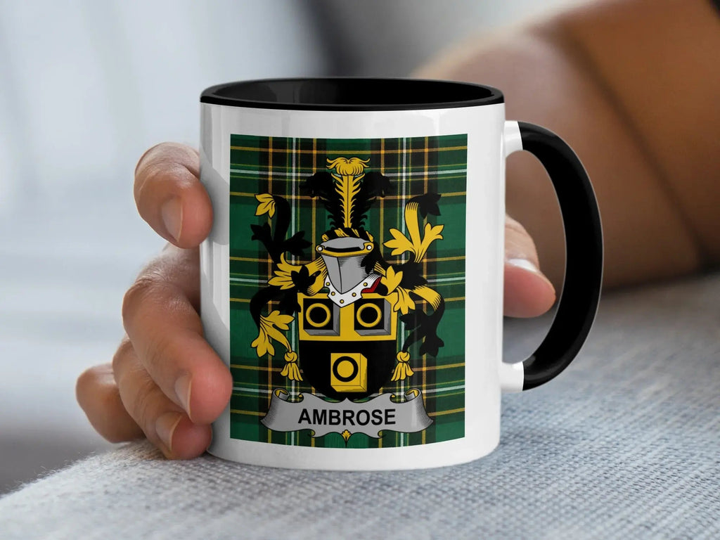Ambrose Irish family crest black accent mug on Irish National Tartan
