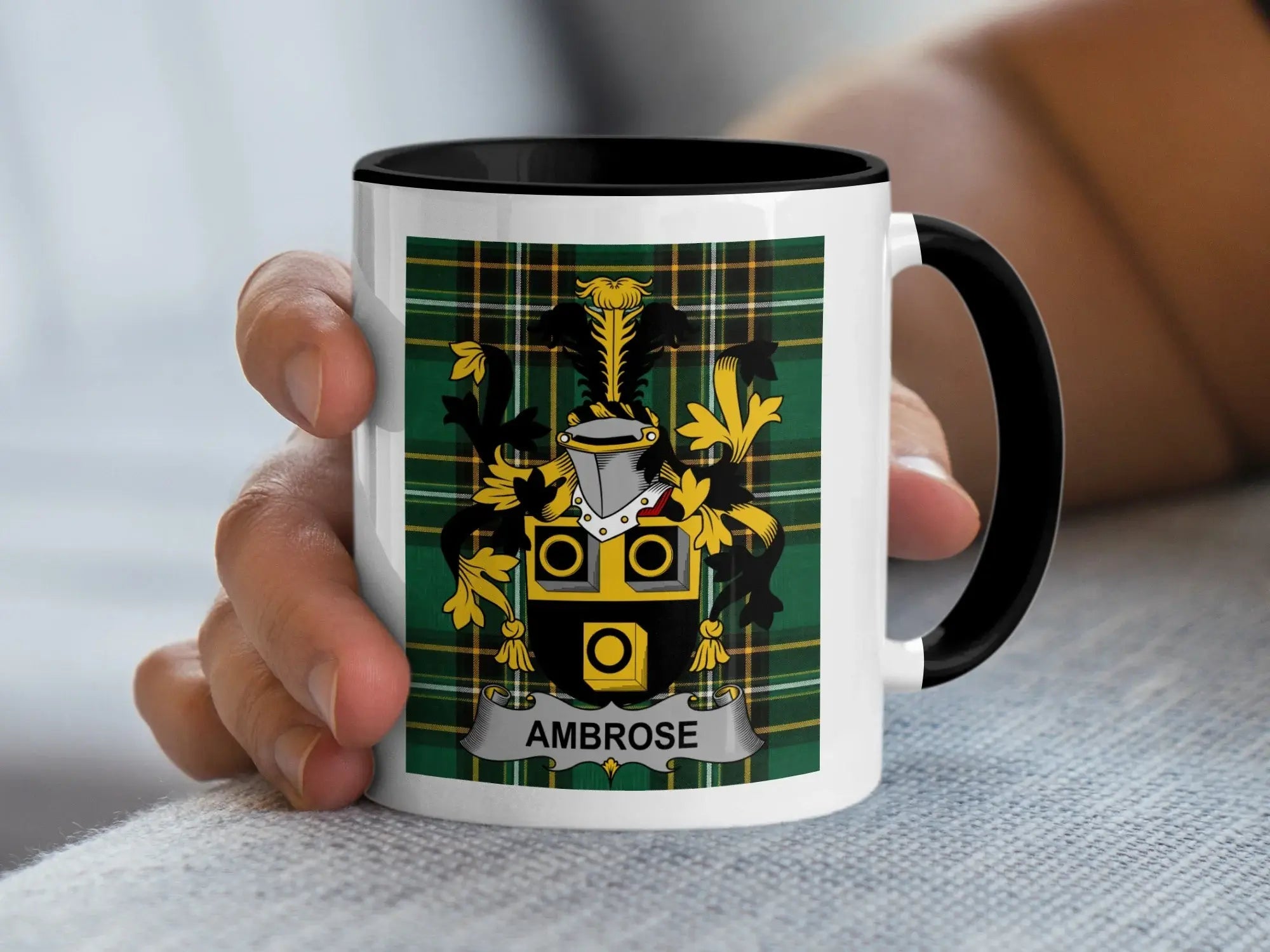 Ambrose Irish family crest black accent mug on Irish National Tartan