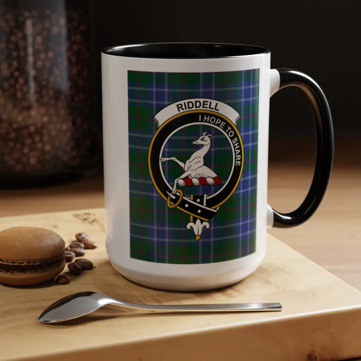Riddell I Hope to Share crest plaid pattern mug — 15 oz ceramic, red handle and interior