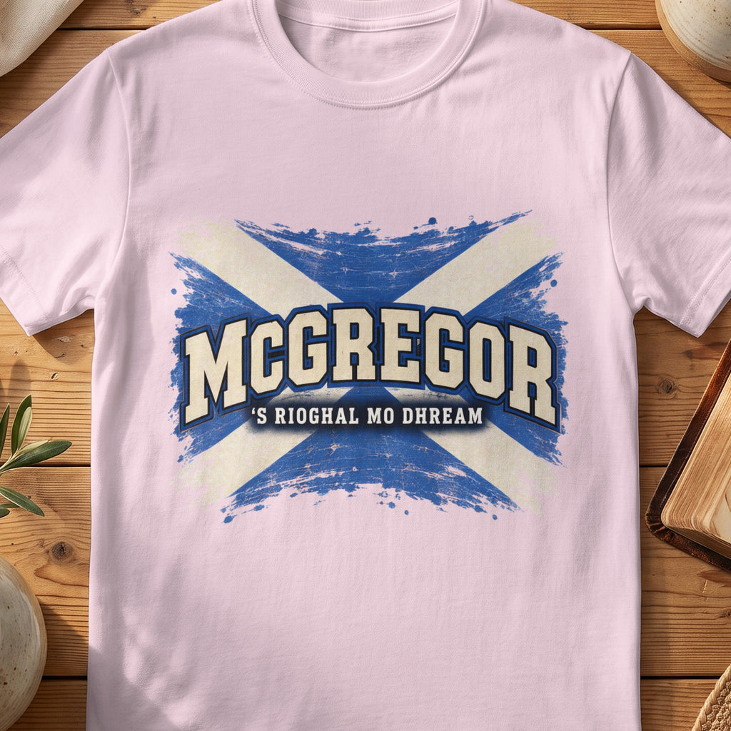 McGregor Scottish Saltire T-shirt in Light Pink, with distressed blue and cream flag and “'S Rioghal Mo Dhream” lettering.