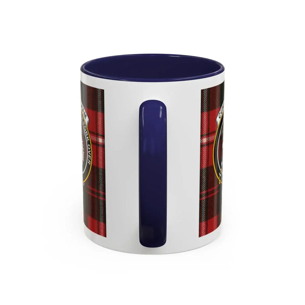 Cunningham clan crest Scottish tartan ceramic mug — red handle accent, 15oz glossy white