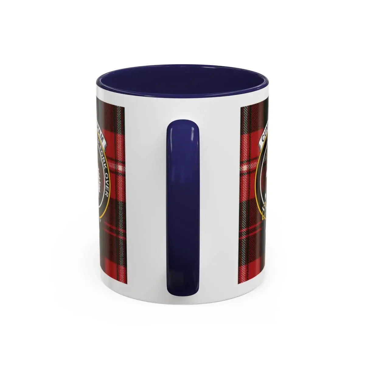 Cunningham clan crest Scottish tartan ceramic mug — red handle accent, 15oz glossy white