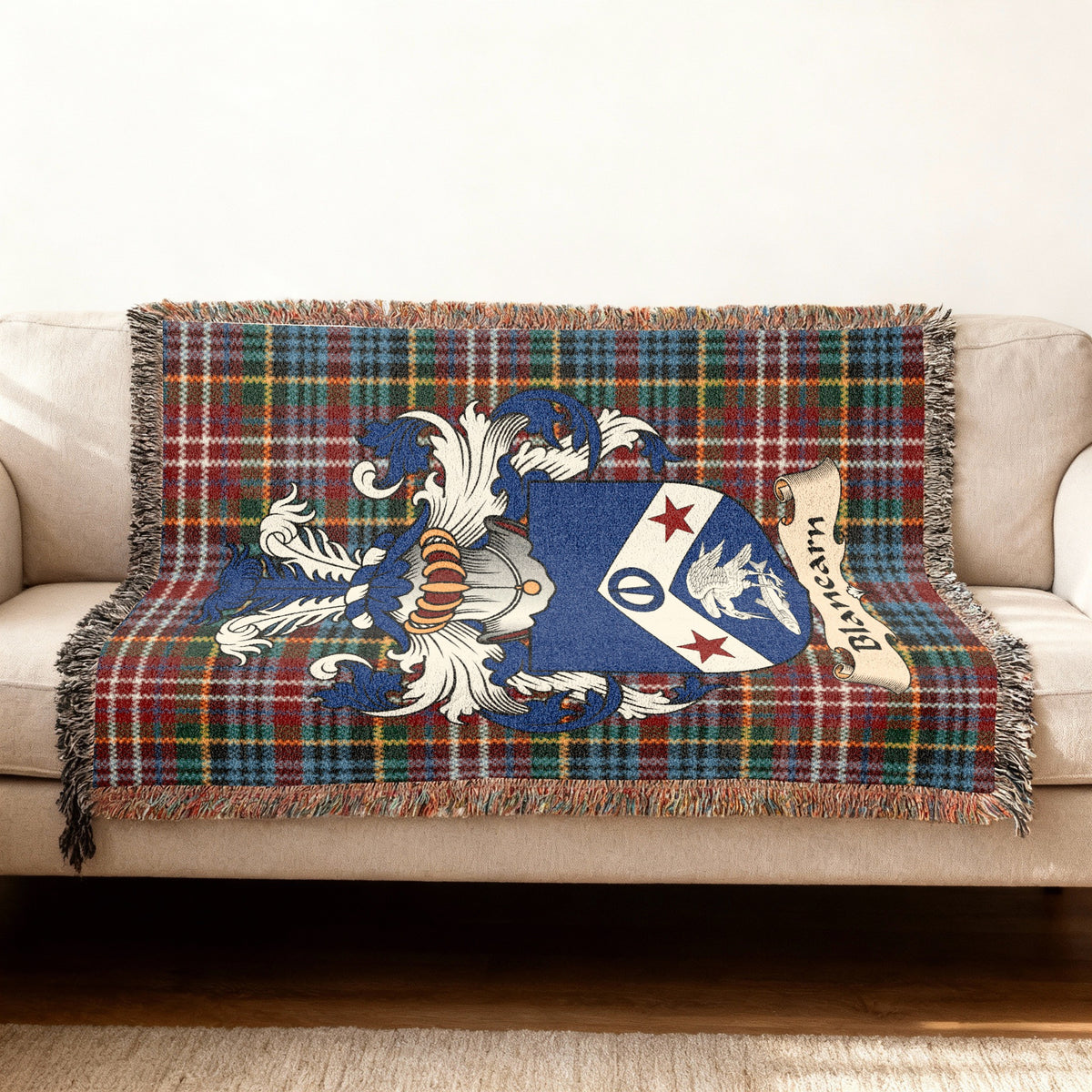 Blanearn Scottish woven blanket with family shield and Caledonia tartan background