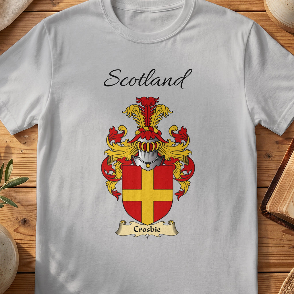 Sport Grey Crosbie Scottish family shield T-shirt featuring a gold cross on a red shield