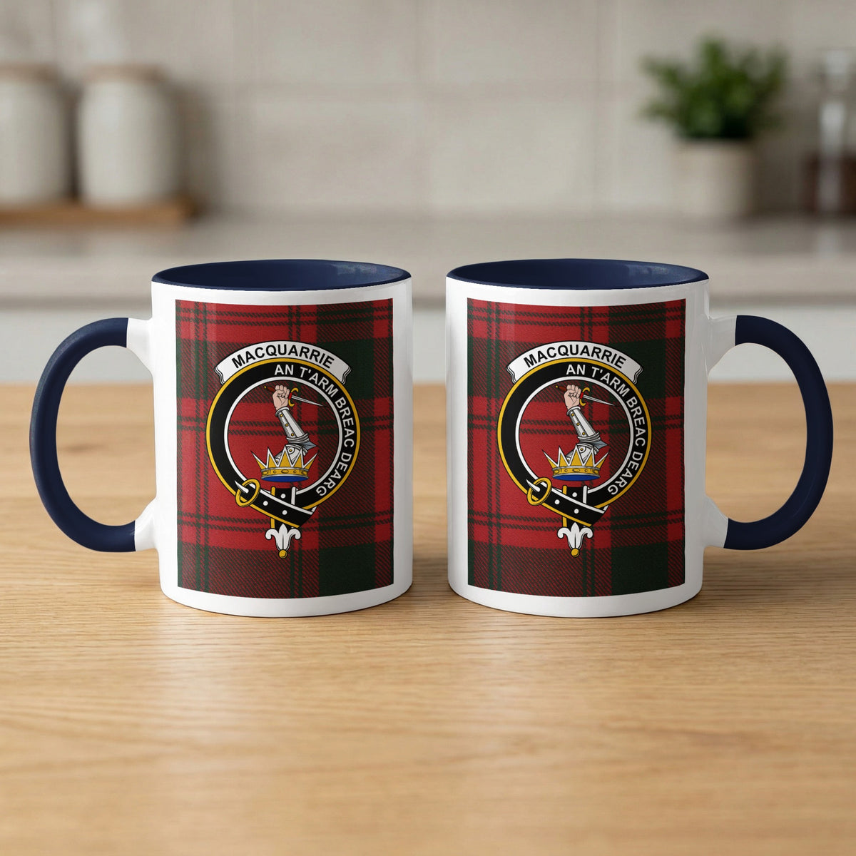 Pair of MacQuarrie Scottish clan crest 11 oz mugs with navy accents and a tartan background