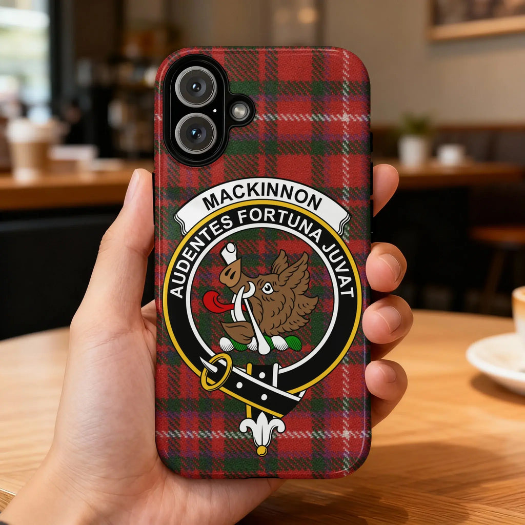 MacKinnon clan crest tartan phone case — Audentes Fortuna Juvat full wrap glossy print on iPhone