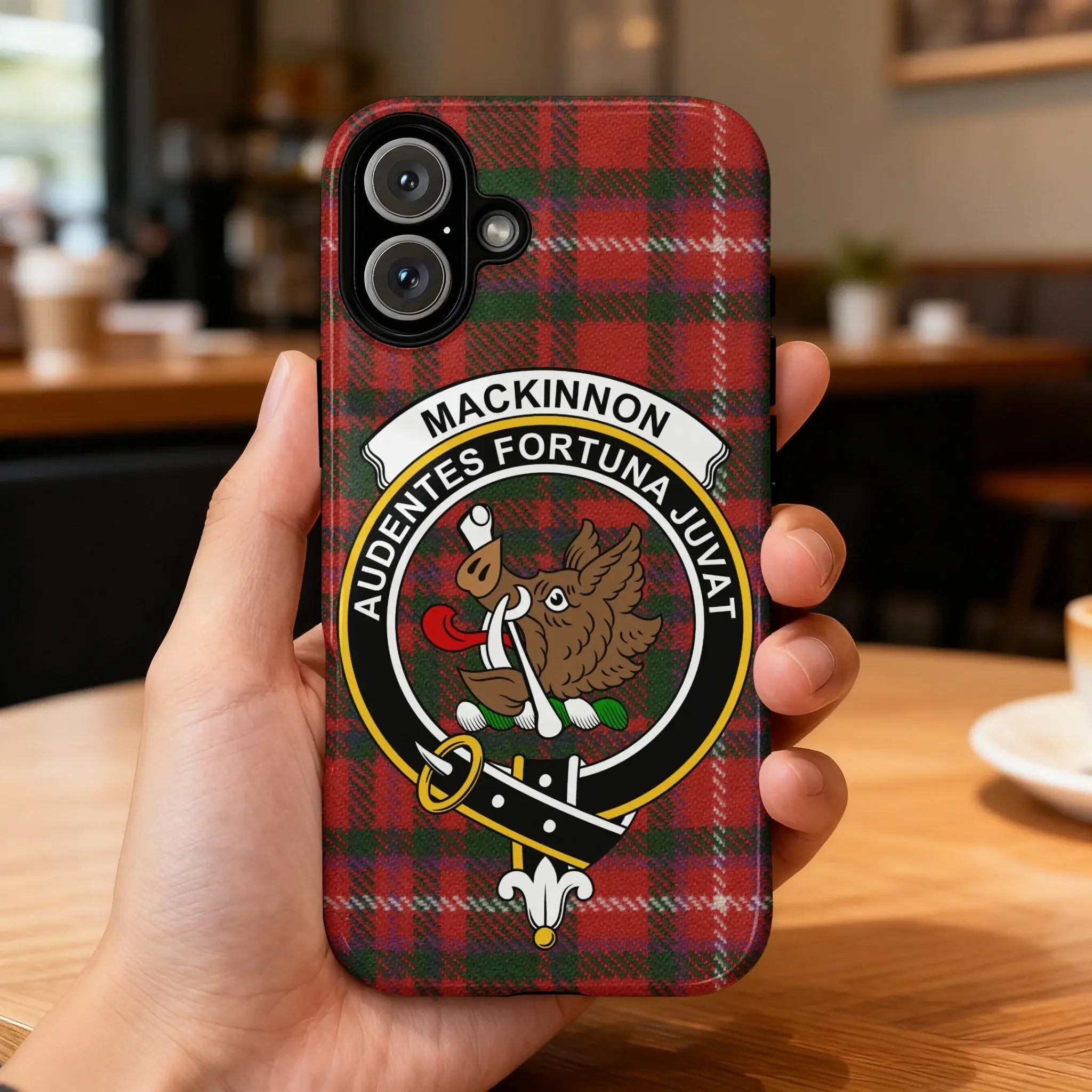 MacKinnon clan crest tartan phone case — Audentes Fortuna Juvat full wrap glossy print on iPhone