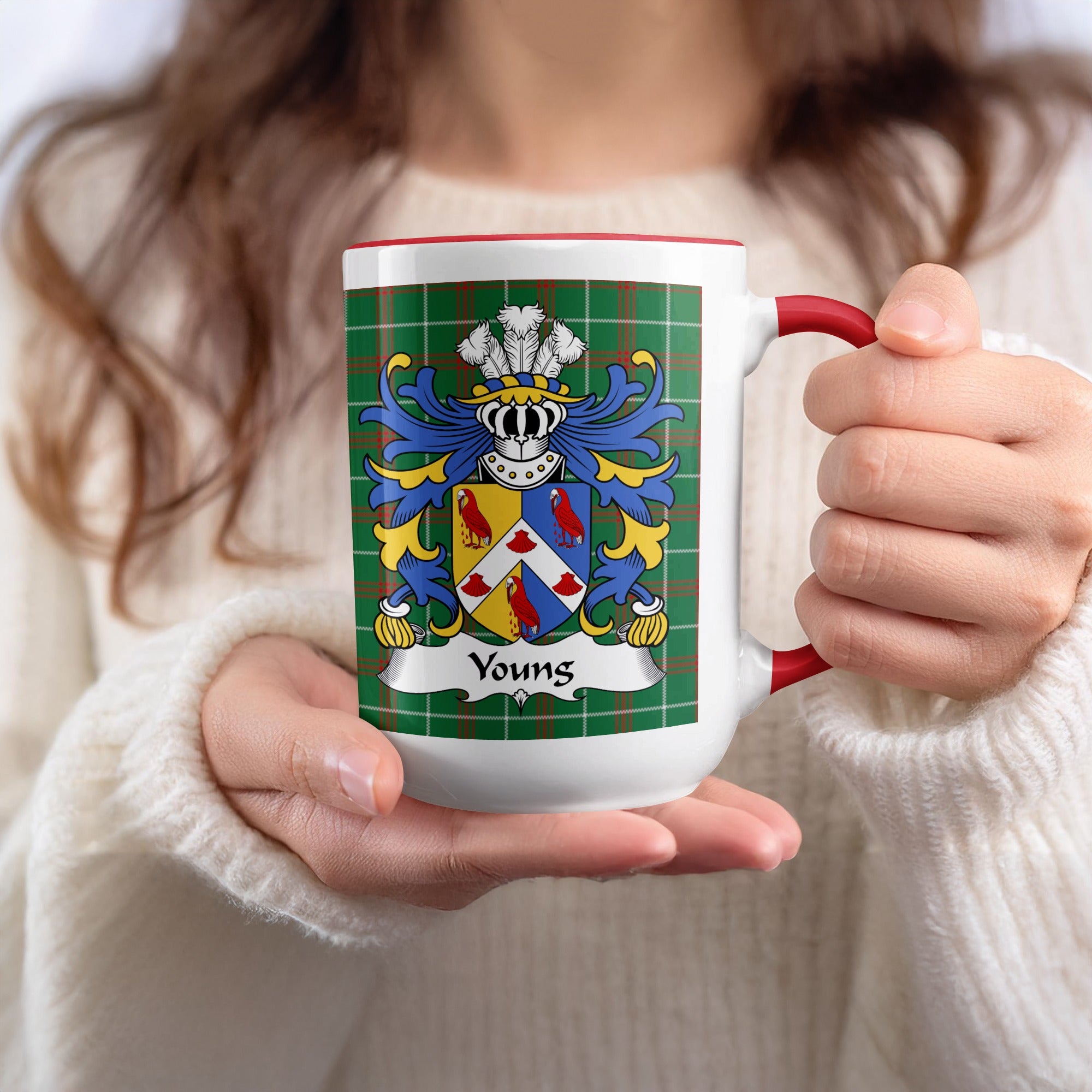 White mug with red handle displaying a Welsh family crest design and tartan pattern with the name "Youngs."