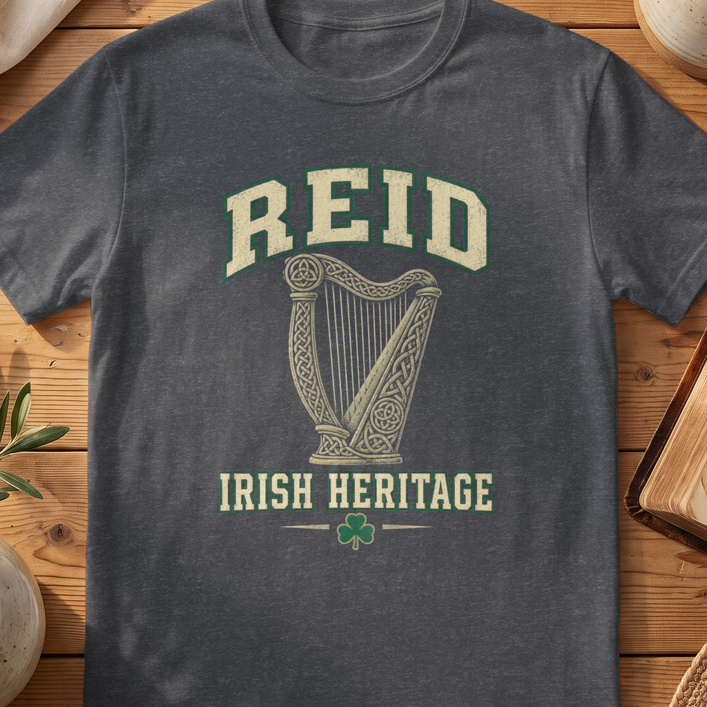 Reid Irish Heritage dark heather gray Gildan 64000 T-shirt with Celtic harp design