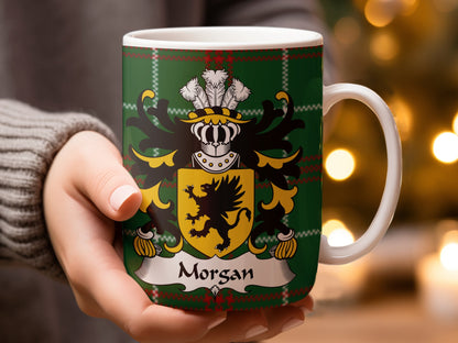 Morgan Welsh Surname Coat of Arms on Tartan Background Mug - Living Stone Gifts