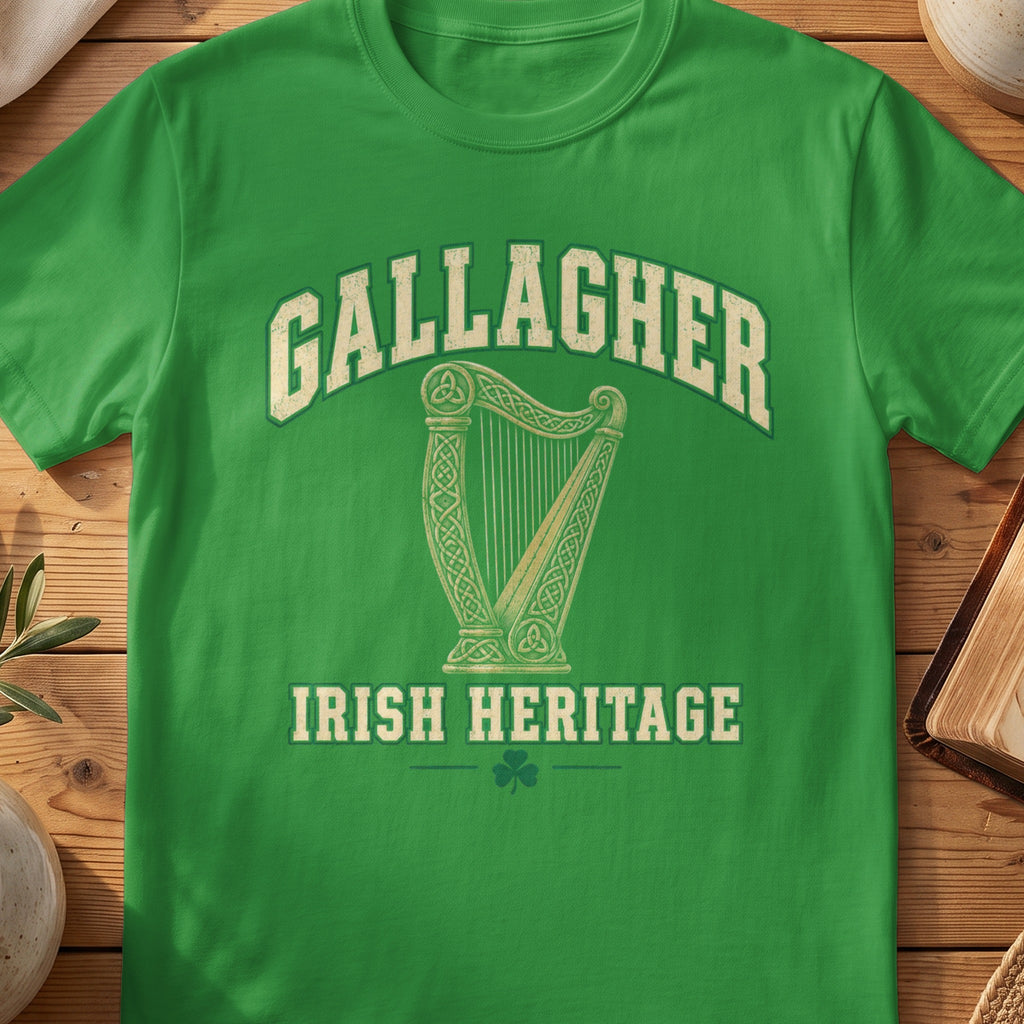 Gallagher Irish Heritage green Gildan 64000 T-shirt with Celtic harp design
