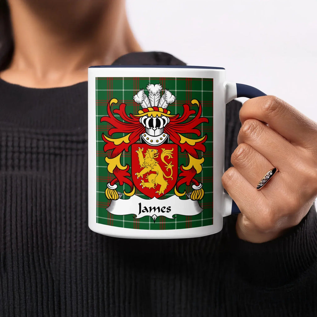 James Welsh ancestry gift mug with green Welsh National Tartan and red lion crest