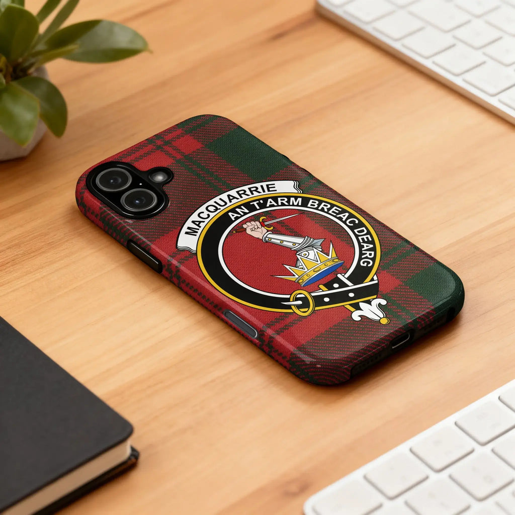 MacQuarrie clan crest tartan iPhone case — edge-to-edge red and black tartan design, slim profile