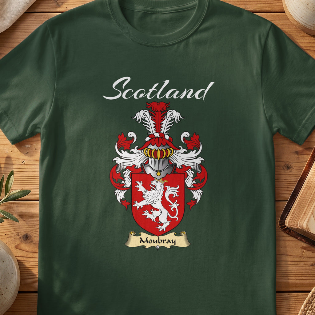 Forest Green Moubray Scottish T-shirt featuring a white lion on a red shield