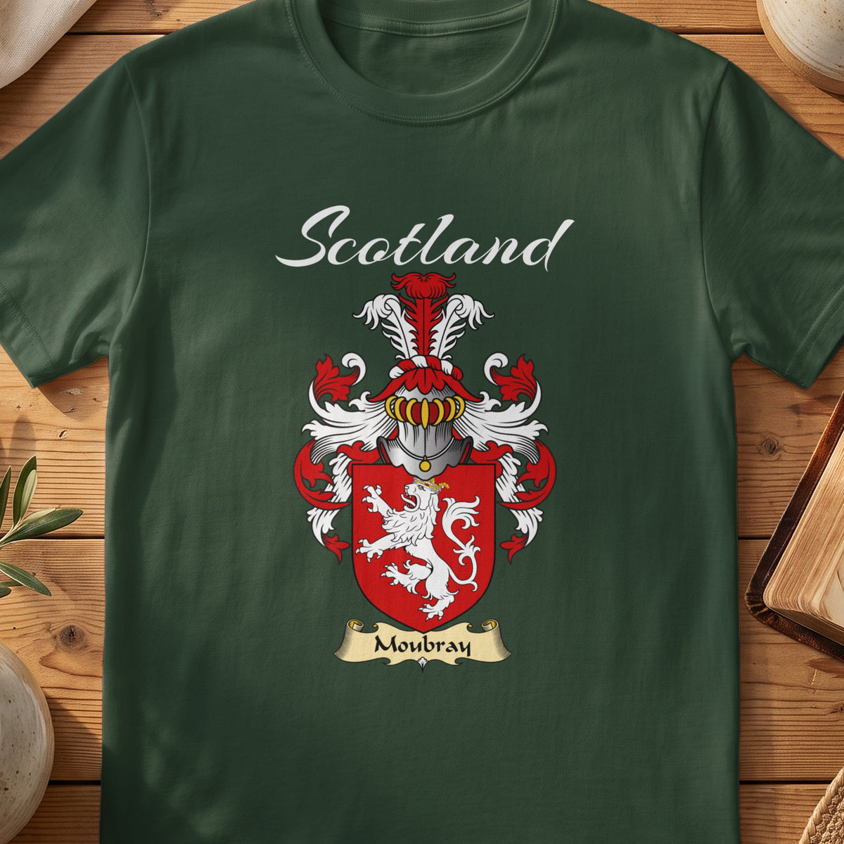 Forest Green Moubray Scottish T-shirt featuring a white lion on a red shield
