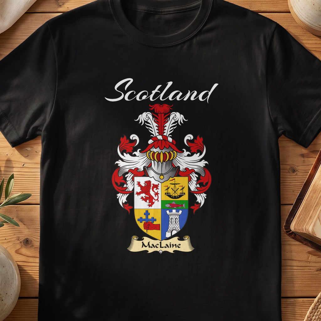 Black MacLaine Scottish T-shirt featuring a quartered shield with an anchor and tower