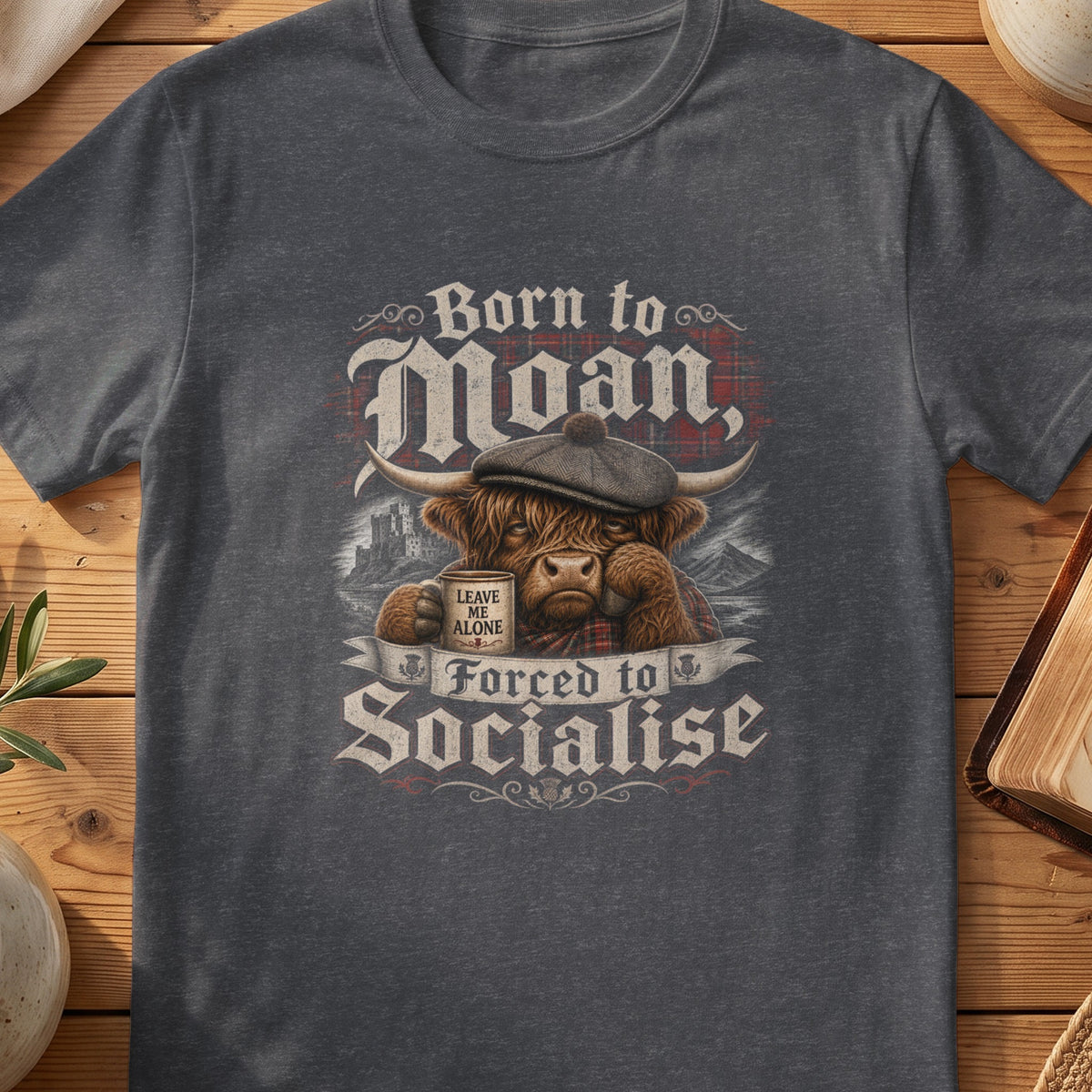 Dark grey Gildan 64000 unisex T-shirt flatlay with Born to Moan Forced to Socialise Scottish graphic design