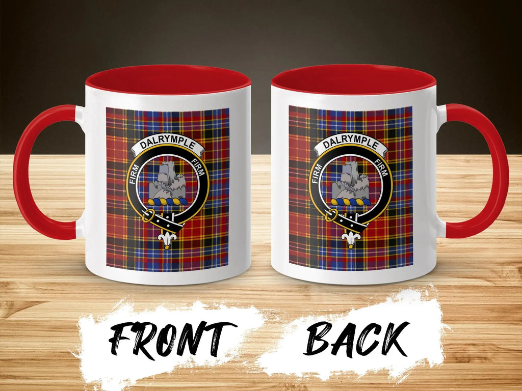 Clan Dalrymple accent mug in red — close-up of crest and tartan design, 11oz