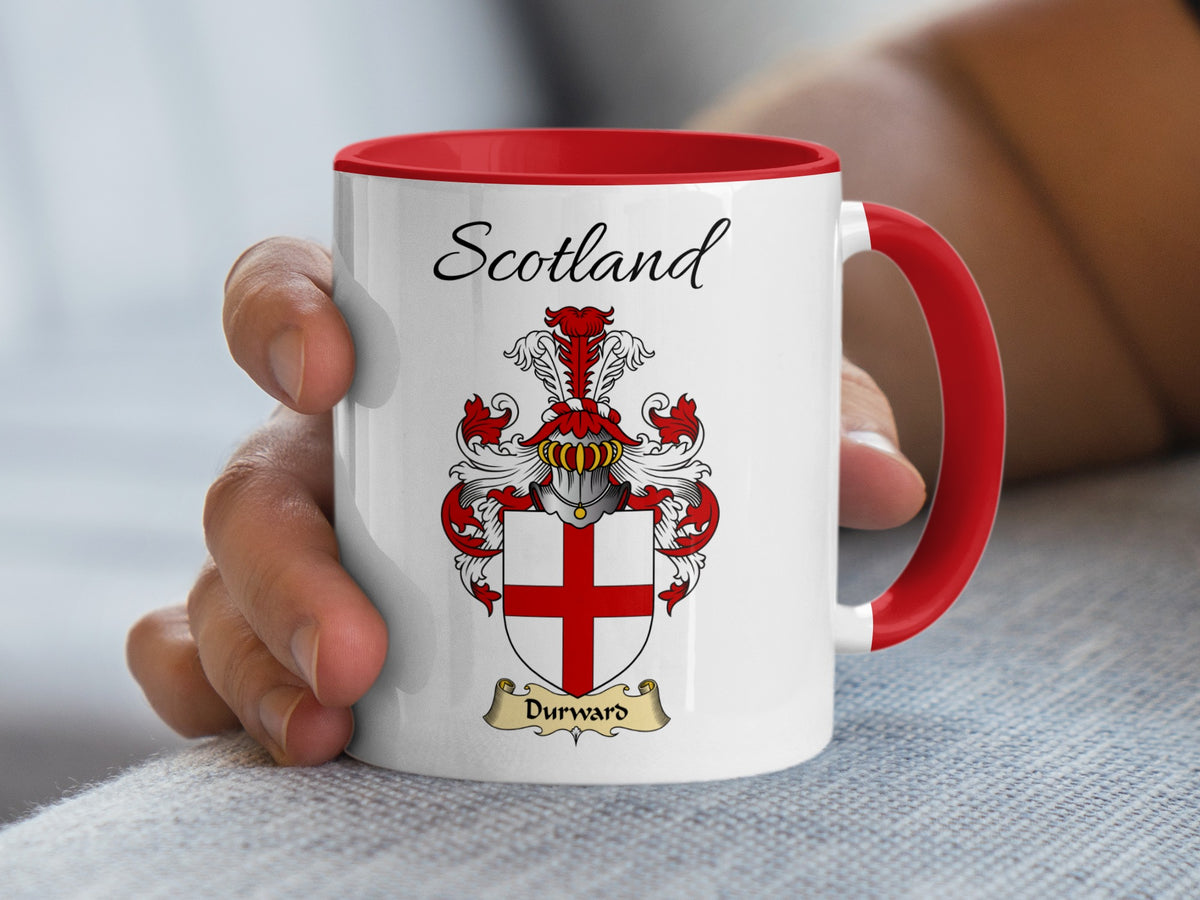 Durward Scotland coat of arms mug in white ceramic with red handle