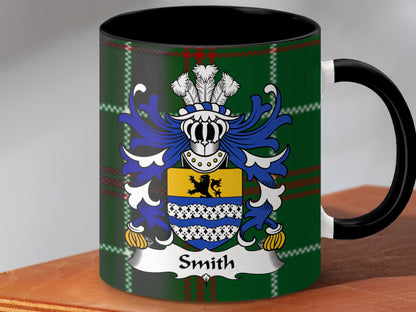 Smith Surname Coat of Arms on Welsh Tartan Background Mug - Living Stone Gifts