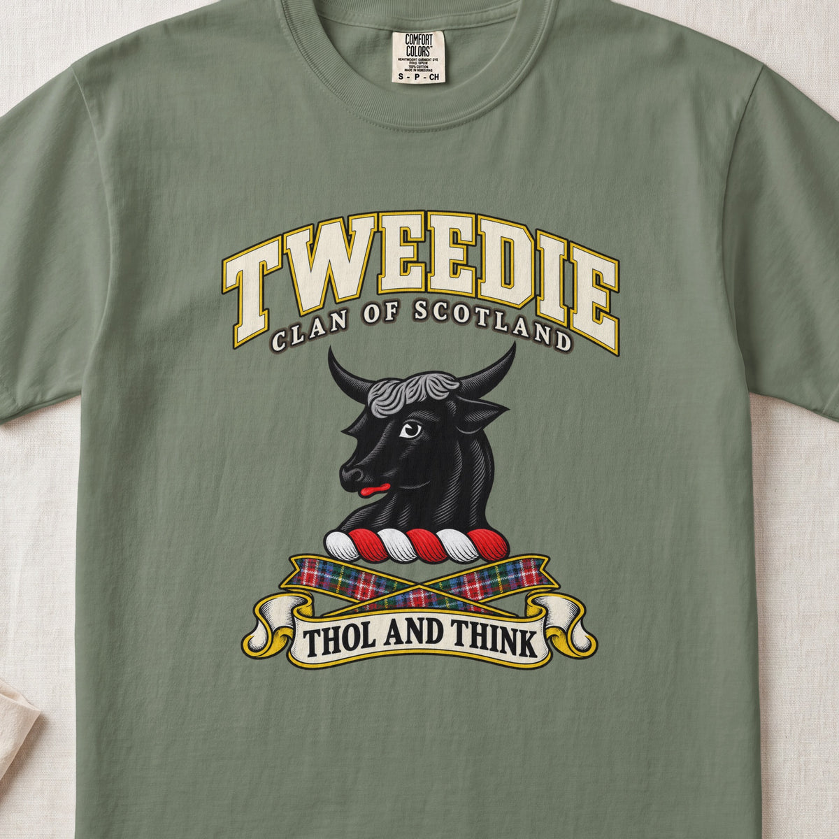 Tweedie Scottish clan T-shirt in Moss, front view with a black bull head and motto design.