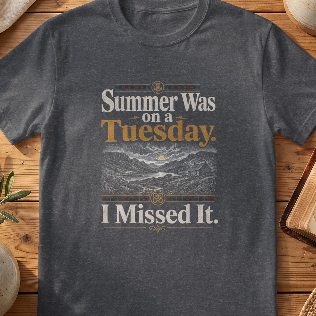 Dark grey Gildan 64000 unisex T-shirt flatlay with Summer Was on a Tuesday Scottish graphic design