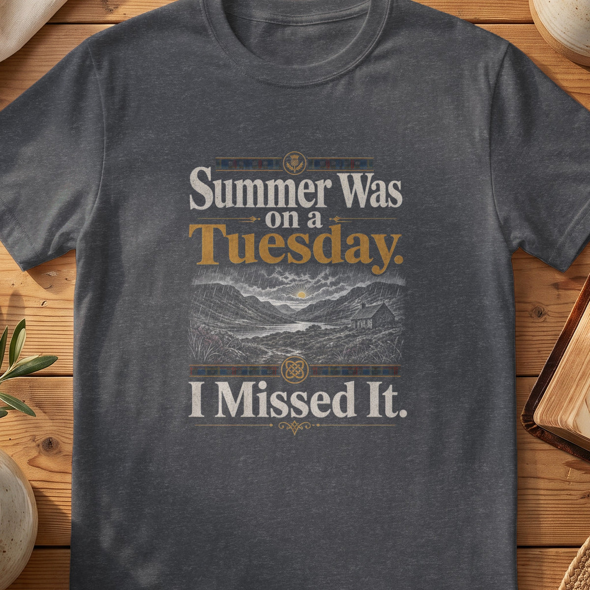 Dark grey Gildan 64000 unisex T-shirt flatlay with Summer Was on a Tuesday Scottish graphic design