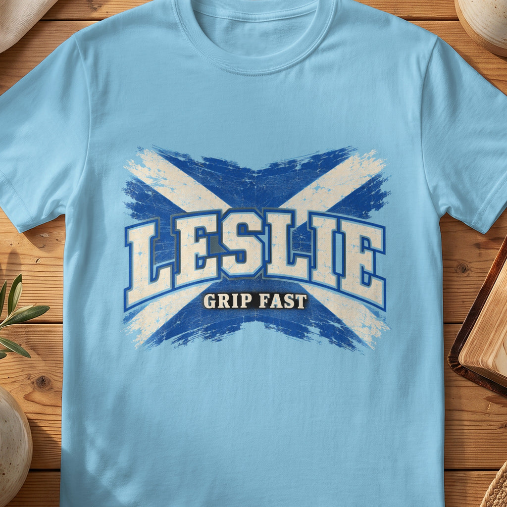 Leslie Scottish Saltire T-shirt in Sky, with distressed blue and cream flag and “Grip Fast” lettering.