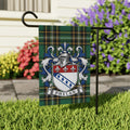 Phelan Irish family crest garden flag on Irish National Tartan, garden view