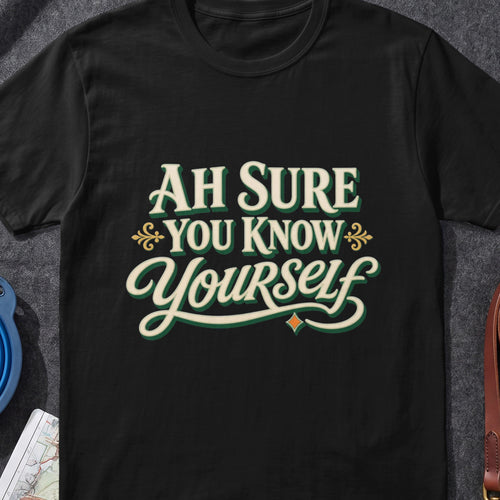 Ah Sure You Know Yourself Irish graphic T-shirt in Black, flat-lay mockup