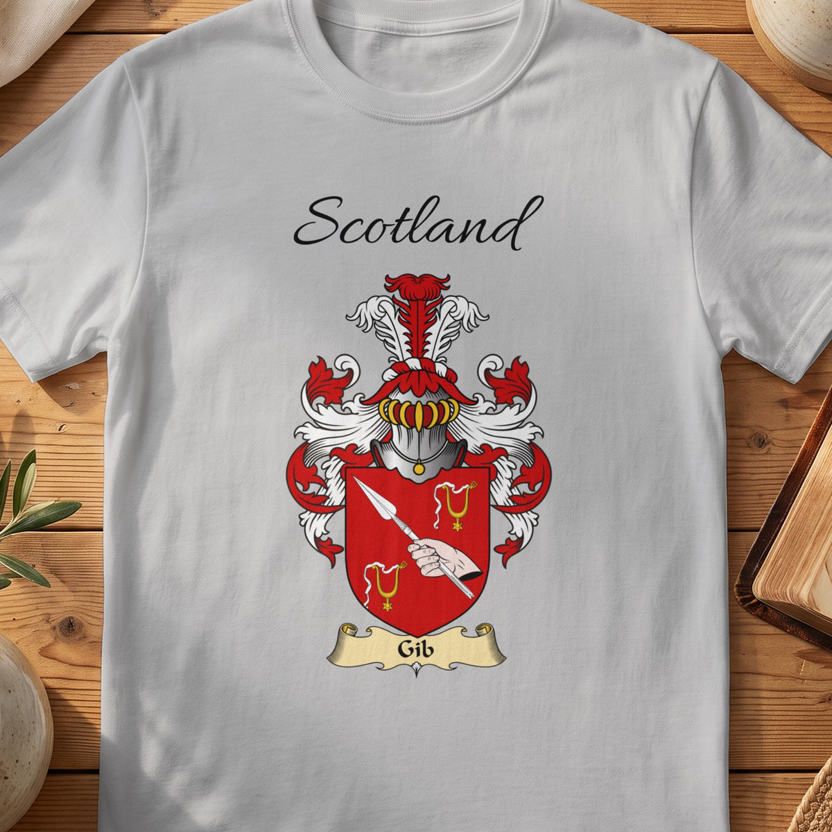 Sport Grey Gib Scottish family shield T-shirt featuring a hand holding a diagonal spear on red