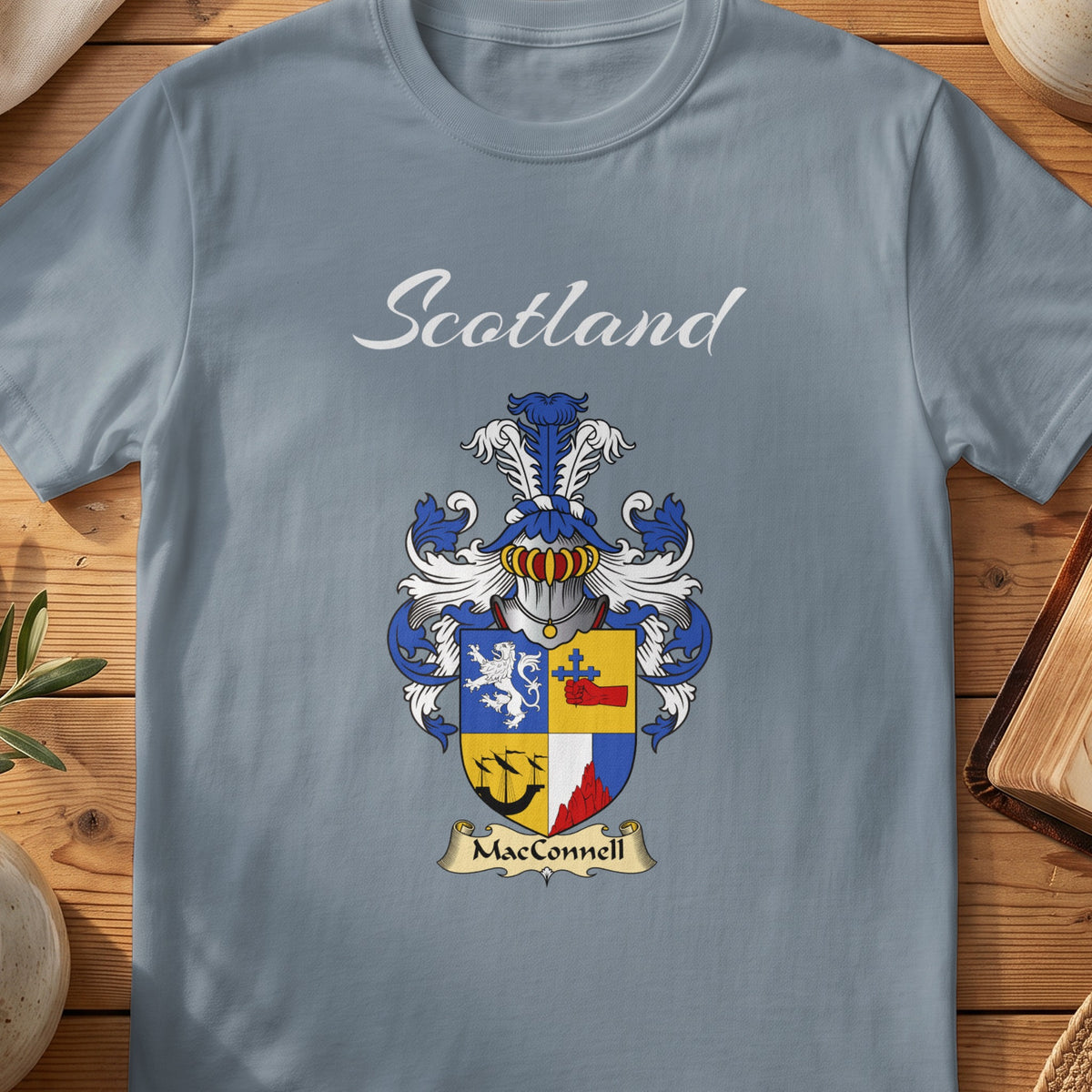 MacConnell Scottish family shield T-shirt in Stone Blue