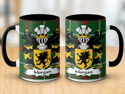 Morgan Welsh Surname Coat of Arms on Tartan Background Mug - Living Stone Gifts