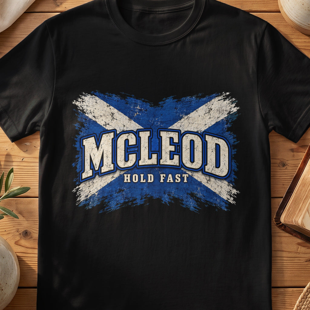 McLeod Scottish Saltire T-shirt in Black, with distressed blue and cream flag and “Hold Fast” lettering.